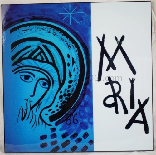 Icona, Maria del silenzio, blu, contemplativa nel cuore, nascosta, amorevole, Madonna celeste, Kiko, Neo, icona su tavola, laccata, alta qualità, protetta dal sole, Ave Maria, nota, intercessore.JPG