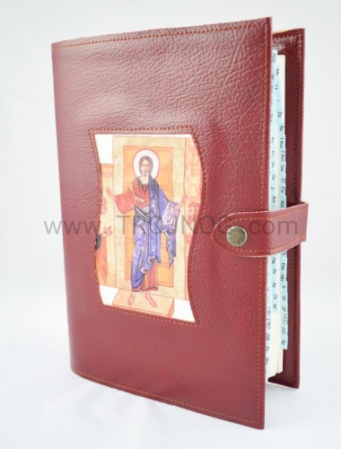 okładka bordowa, etui z ikona na jerozolimkę, zapinana ze skory naturalnej do ochrony i użytku codziennego, futerał.JPG