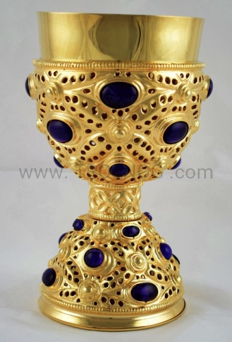 kielich przewodniczacego, celebransa, pozłacany, z kamieniami naturalnymi, ametyst, do uroczystej celebracji, eucharystii, na msze swieta, Liturgie, złocony, 25cm, solidny, dla dużego zgromadzenia, koniec drogi, neo.JPG