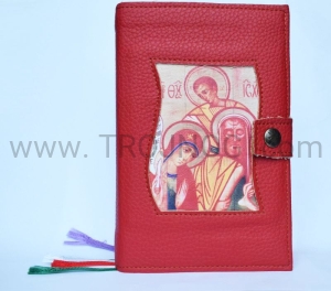 Okładka z ikoną, skóra naturalna czerwona, na liturgię godzin, etui na brewiarz, kapłański