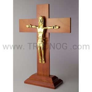 Krzyż na stół 36cm - orzech włoski, pozłacana figura, duży na laduesy