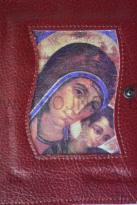 Okładka skórzana z ikoną, bordowa, brewiarz kapłański, liturgia godzin.