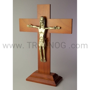 Krzyż na stół- orzech włoski, duży 36cm, mosiężna figura, laudesy