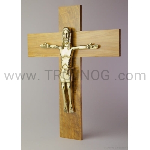 Krzyż na ścianę - drzewo oliwne, figura Chrystusa z mosiądzu, 33 cm