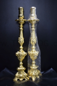 Lichtarze bogato zdobione, 2szt akolitki pozłacane 45cm, świecznik na procesje