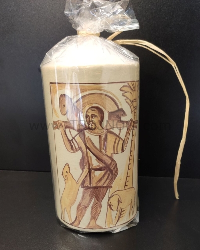 świeca, ręcznie malowana, pisana, ikona, dobry pasterz, z barankiem, na plecach, owieczka zbłąkana, Chrystus, ojciec miłosierny, szuka, czeka, grzesznika, Bóg kochający Ciebie.jpg