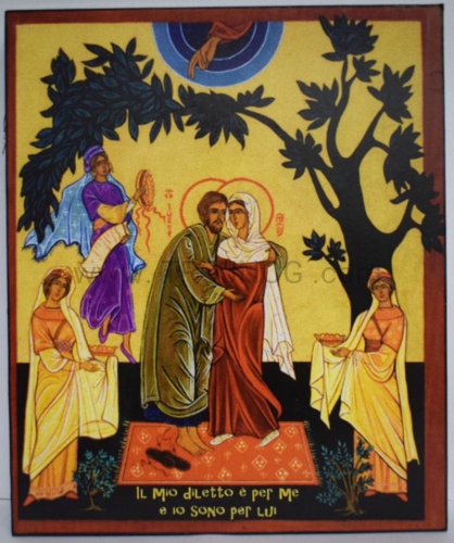 ikonka drewniana Tobiasz i Sara z Archaniołem Rafałem Kiko Arguello Droga Neo, ikonka na desce, scena biblijna, mój ukochany jest dla mnie, a ja dla niego, ręka Boga z obłoku.JPG