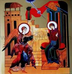 Pozłacana ikona Zwiastowanie Pańskie, 30x30 cm Korony Misteryjnej z Perugii