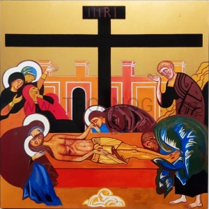 Pozłacana ikona Zdjęcie Jezusa z krzyża, Pieta 30x30 cm Korona misteryjna Kiko, złożenie do grobu