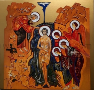 Pozłacana ikona Chrzest Jezusa Chrystusa 30x30 cm Korona misteryjna Kiko