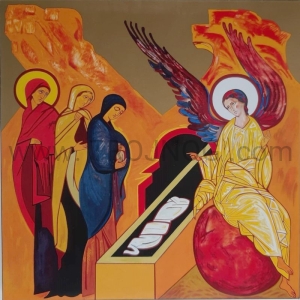 Pozłacana ikona Niewiasty przy pustym grobie 30x30 cm - korona misteryjna w Perugii