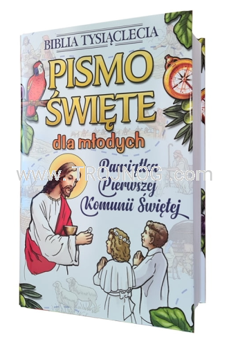 Pamiątka pierwszej komunii świętej, pismo świete dla młodych, biblia tysiąclecia z papugą, wyjatkowa edycja dla mlodych.png