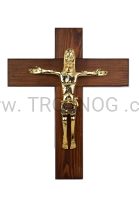Krzyż na ścianę - orzech włoski, pozłacana figura duży 33 cm