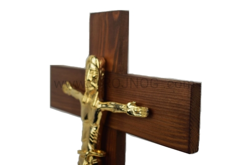 krzyz drewniany z mosiezna figura Chrystusa ukrzyżowanego, z przepaską Akeda drewno orzech włoski.JPG