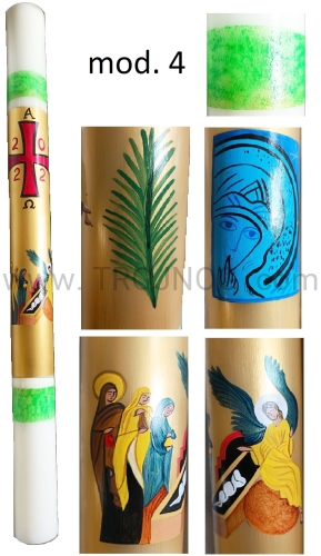 swieca paschalna 8cm szerokosci z recznie pisanymi ikonami niewiasty przy pustym grobie.jpg