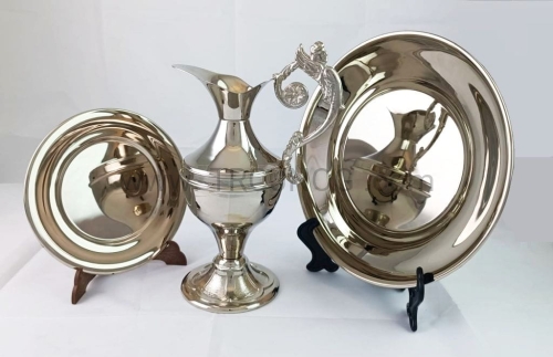 zestaw lavabo, dzbanek, anioł, z talerzykiem i misa do oczyszczania, rąk, lawabo, ozdobny, dzban do puryfikacji, naczyń, liturgicznych, dzban, na wodę, niklowany, rzeźbiony anioł.jpg