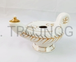 Lampka oliwna ceramiczna ozdobiona symbolami 14cm, kolor kość słoniowa