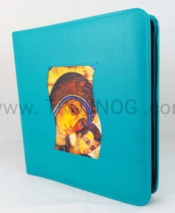 Pokrowiec na śpiewnik turkusowy - z wszytą ikoną Madonny Drogi, etui na śpiewnik, futerał