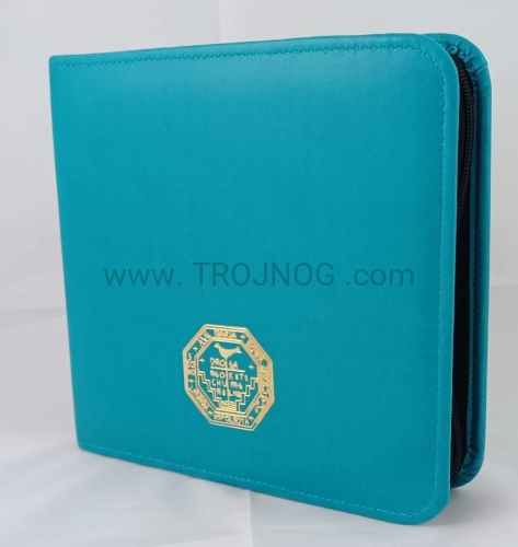 okładka na mały śpiewnik, turystyczny, turkusowa, z tłoczenie, pozłacane, pokrowiec, etui, futerał z kieszonka, logo drogi.jpeg