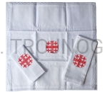 Komplet bielizny liturgicznej, czerwony Krzyż Jerozolimski, korporał, ręczniczek, puryfikaterz