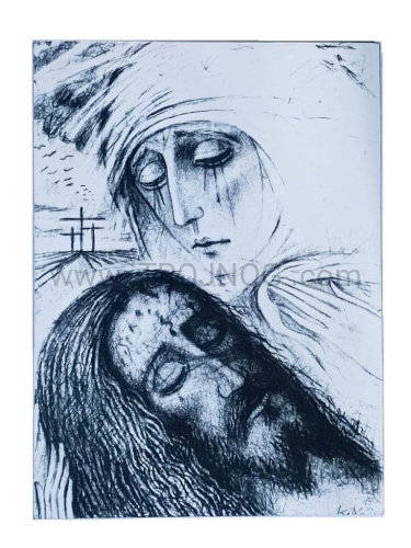 ikonka drewniana, bialo czarna 12 cm, kiko, na drewnie, desce, pieta, zdjęcie z krzyża.jpg