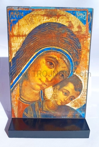 ikonka drewniana 12 cm, Madonna Drogi Neokatechumenalnej, Maryja, Matka drogi, na desce, z podstawka, na szafkę, na biurko, kiko, stojaca.jpg