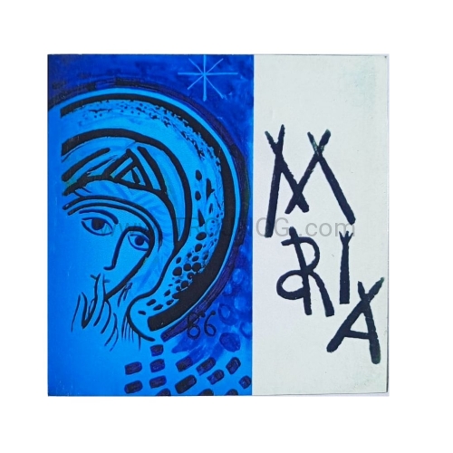 Ikonka, Maryja ciszy, niebieska, rozważająca w sercu, ukryta, miłująca, niebiańska Madonna, Kiko, Neo, ikona na desce, lakierowana, wysoka jakość, zabezpieczona przed słońcem, Ave Maria, dopisek, orędowniczka.jpg