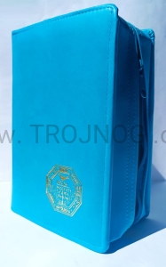 Okładka na nową, mniejszą Biblię Jerozolimską, turkusowa, z tłoczeniem i zamkiem, eco-skóra etui, futerał