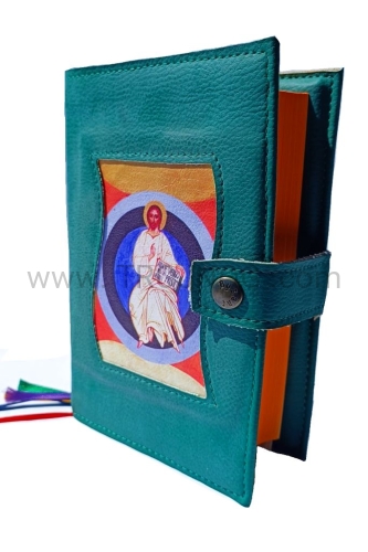 okladka skorzana na brewiarz, z wszyta ikona, jasno zielona, futerał, etui, liturgia godzin, kapłańska, prezent dla ksiedza, ojca.jpg