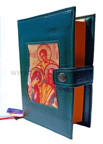okladka skorzana na brewiarz, z wszyta ikona, ciemna zieleń, futerał, wejście przez drzwi zamknięte, etui, liturgia godzin, kapłańska, prezent dla ksiedza, ojca.jpg
