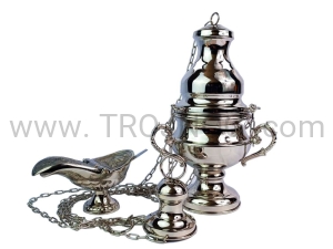 Trybularz i łódka niklowane, 27cm wysokość, ozdobna kadzielnica, na procesje