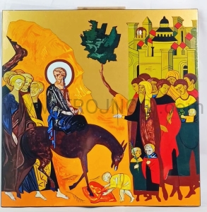 Ikona Wjazd Chrystusa do Jerozolimy 30x30, pozłacana, niedziela palmowa, Korona Misteryjna
