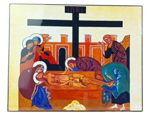 ikona na desce, Pieta, Zdjęcie z krzyża, Pana, Jezusa, złożenie do grobu, wierny Jan, Maryja, ikona, korona misteryjna, Kiko.jpg