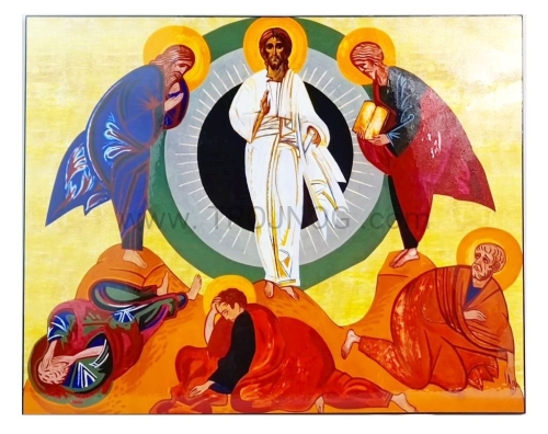 ikona na desce, Przemienienie, transfigurazione, Mojżesz, Eliasz, Apostołowie, korona misteryjna, Kiko, przemienienie Pańskie, na górze, Tabor.jpg