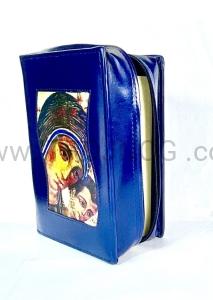 Okładka na nową, mniejszą Biblię Jerozolimską, niebieska, ikona Madonna Drogi, zamkiem, eco-skóra etui, futerał