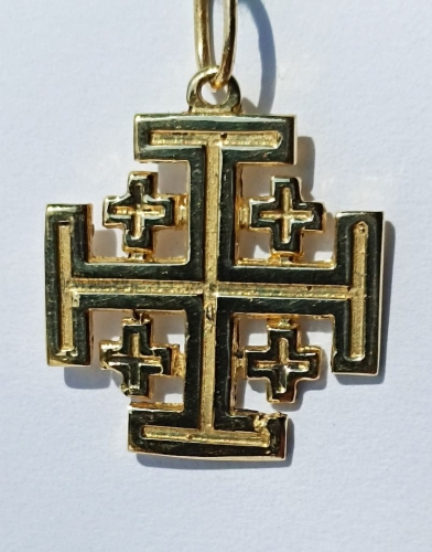Krzyż, na szyję, złoty, krzyżyk, ze złota, duży, Jerozolimski, medalik, żółte złoto, próba 375, złota, 1,8cm, rozmiar, z tyłu, napis Jerusalem.jpg