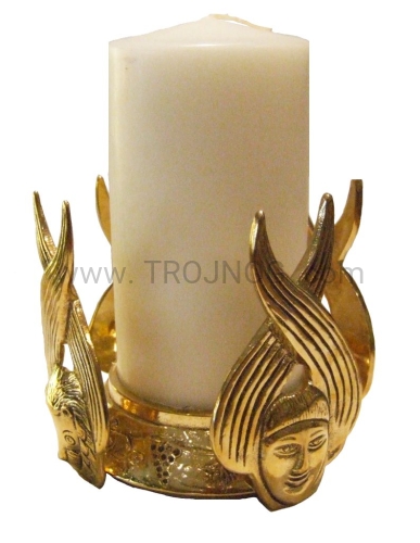 Świecznik Merkaba, mosiężny, na ołtarz, do mszy, świece boczne, świeca 8cm, do celebracji Eucharystii, Neo, ozdobny, z boku symbole ewangelistów, Merkaba, Ewangelizacja.jpg