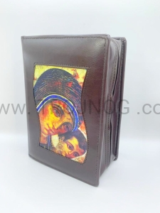 Okładka na mniejsza Biblie Jerozolimska, z wszytą ikoną Madonny, etui, futerał, brąz