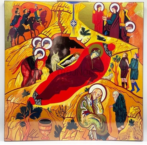 ikona pozłacana, Boże Narodzenie, 30x30 cm, Narodzenie Chrystusa, Kiko, kolorowa, ikona misteryjna z Perugii, na ścianę, na prezent.jpg