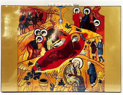 icona dorata, Natale, 21x15 cm, Natività di Cristo, Kiko, colorata, icona misteriosa di Perugia.jpg