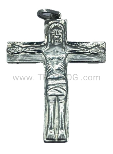 krzyżyk, na szyję, srebrny, najwyższej próby 925, Traditio, Madonna, Duch Święty oraz symbole ewangeliczne, Neo, Kiko, wspólnotowy, ręcznie wykańczany, na łańcuszek, rzemyk, na prezent.jpg