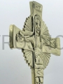 croix de table, 26 cm de haut, debout, traditio, pour prière, pour laudes, debout, laiton, finie à la main, sculptée, polie, Christ devant, entouré de gloire, Marie au dos de la croix, symboles alpha et oméga, esprit saint.jpg.jpg