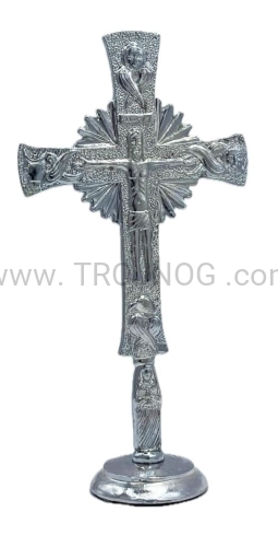Krzyż na stół, do modlitwy, posrebrzany, 20 cm, na laudesy, symbole z przodu, Maryja pod Krzyżem, Maria u stóp krzyża, prosta podstawa, wykańczany ręcznie, lakierowany, wysoki połysk.jpg