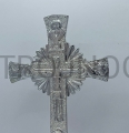 Table cross, for prayer, silver-plated, 20 cm, for laudes, symbols on the front, Mary under the Cross, Mary at the foot of the cross, straight base, hand-finished, lacquered, high gloss.jpeg