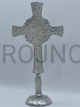 Croix de table, pour prière, argentée, 20 cm, pour laudes, symboles sur le devant, Marie sous la Croix, Marie au pied de la croix, base droite, finie à la main, laquée, brillante.jpeg