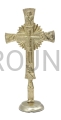 krzyż na stół, na laudesy, chwalebny, Jezusa otaczają promienie chwały, pod krzyżem Maryja, wokół Chrystusa symbole ewangelistów, wykańczany ręcznie, lakierowany, wysoki 20cm, krzyż pozłacany, lekki, z aluminium, stojący.jpeg