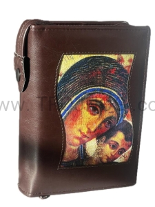 Okładka na brewiarz, z wszytą ikoną, etui, futerał na liturgie godzin, brązowy