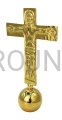 krzyż na kuli, pozłacany, na stół, na ołtarz, traditio, mosiądz złocony, z tyłu krzyża Maryja, Chrystus nad kulą ziemską, wykańczany ręcznie, rzeźbiony, wysoki połysk, prosty wzór, 20cm.jpg