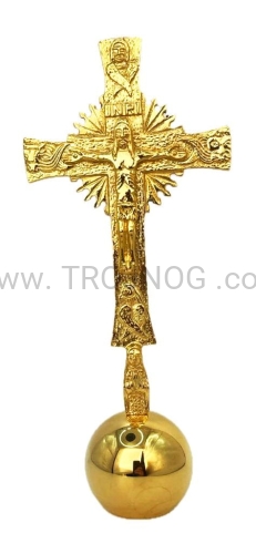 krzyż na kuli, pozłacany, na stół, na ołtarz, chwalebny, mosiądz złocony, Maryja pod krzyżem, Chrystus nad kulą ziemską, promienie chwały wokół figury Jezusa, wykańczany ręcznie, rzeźbiony, wysoki połysk, 21 cm.jpg