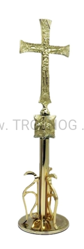 Krzyż na stół, na laudesy, z merkaba, ewangelizacja, na trojnogu, do modlitwy, z alminium, stojący, alfa i omega, z tyłu Maryja, wysokość 30cm.jpg